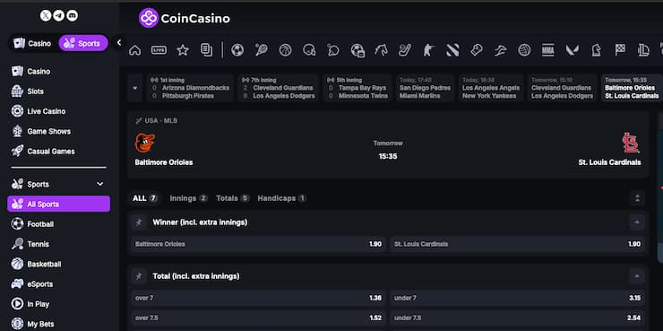 Odds display from CoinCasino, a major player among Maryland online sportsbooks.